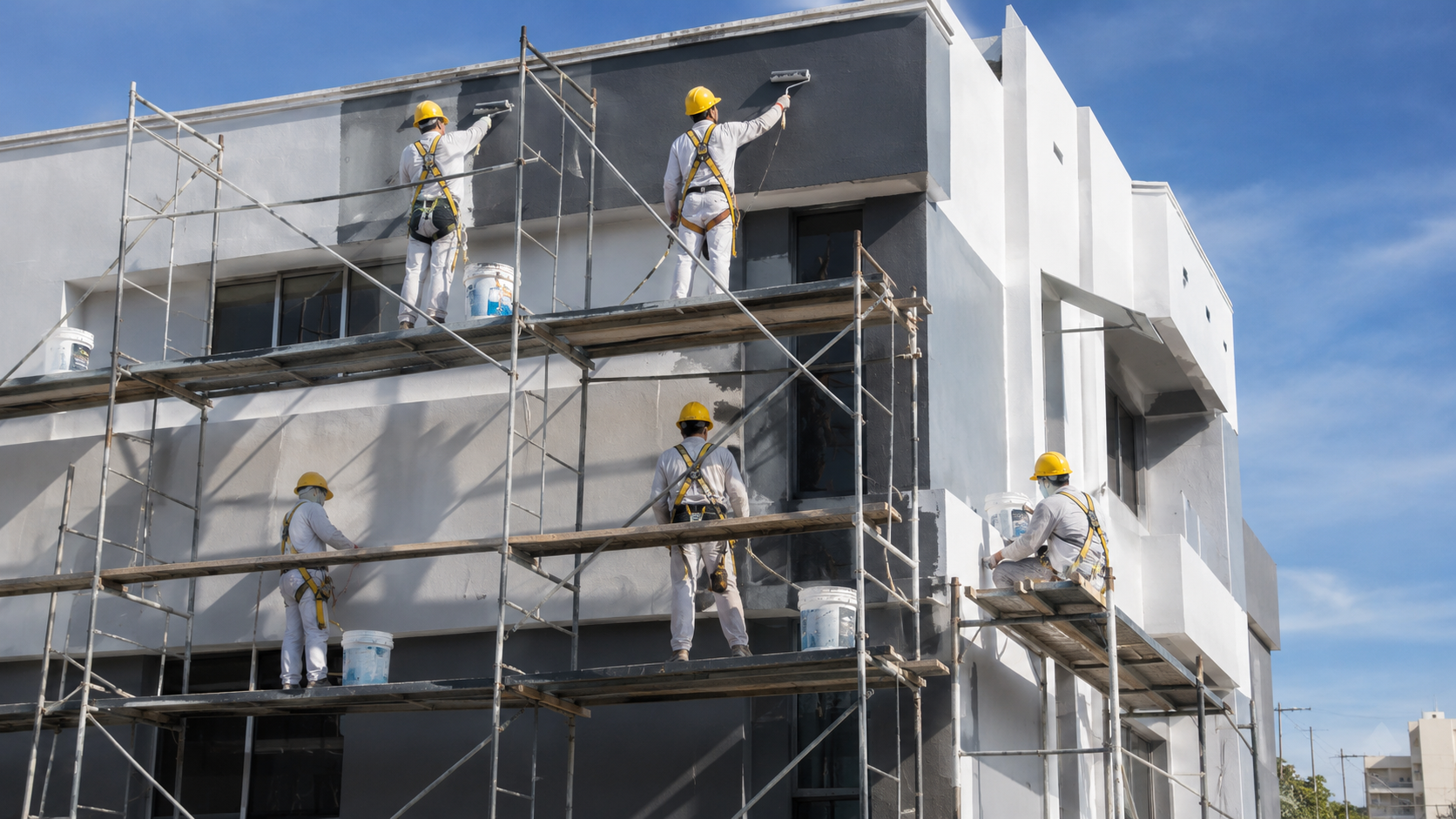 Trabajador pintando fachada en altura con arnés de seguridad